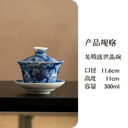 Teaware with Blue and White Gaiwan,Saucer Tea Tureen, Chinese Tea Maker Cover