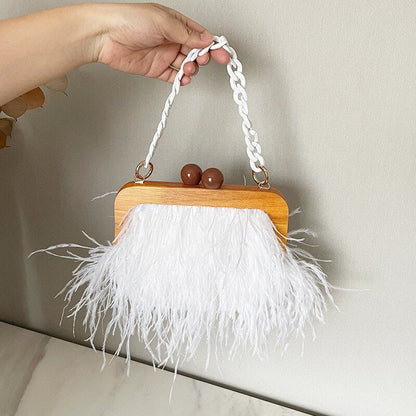 Ostrich Feather Handbag Retro Wooden Evening Purse Acrylic Chain Shoulder Bags