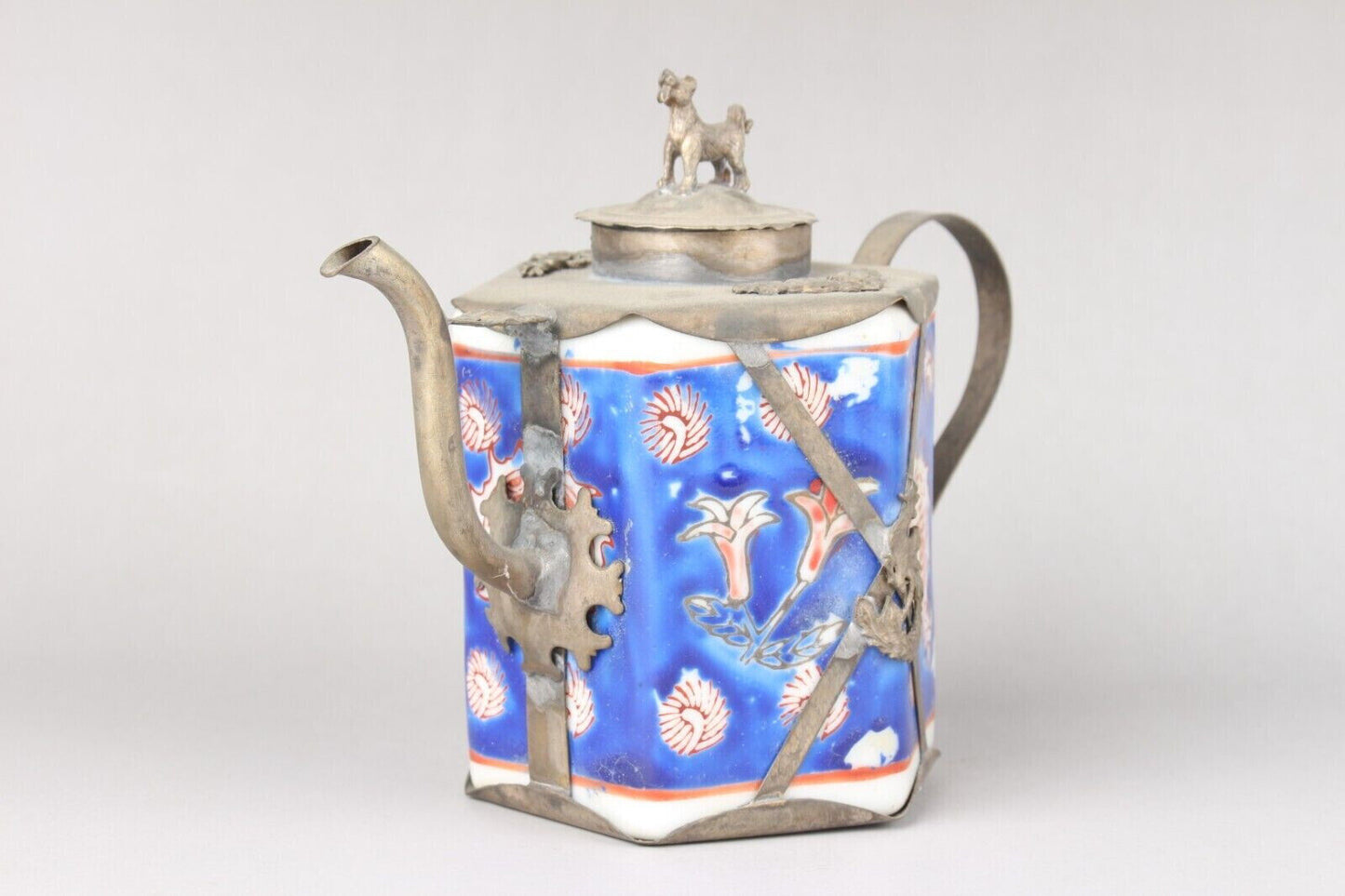 5.1" old Antique China Feng Shui porcelain inlaid with Tibetan silver Teapot