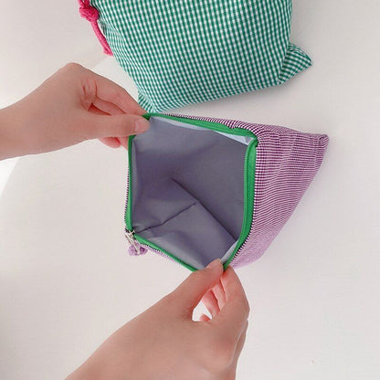 Plaid Makeup Cotton Linen Cosmetic Bag Zipper Pouch Storage Bags 21*17 CM Square