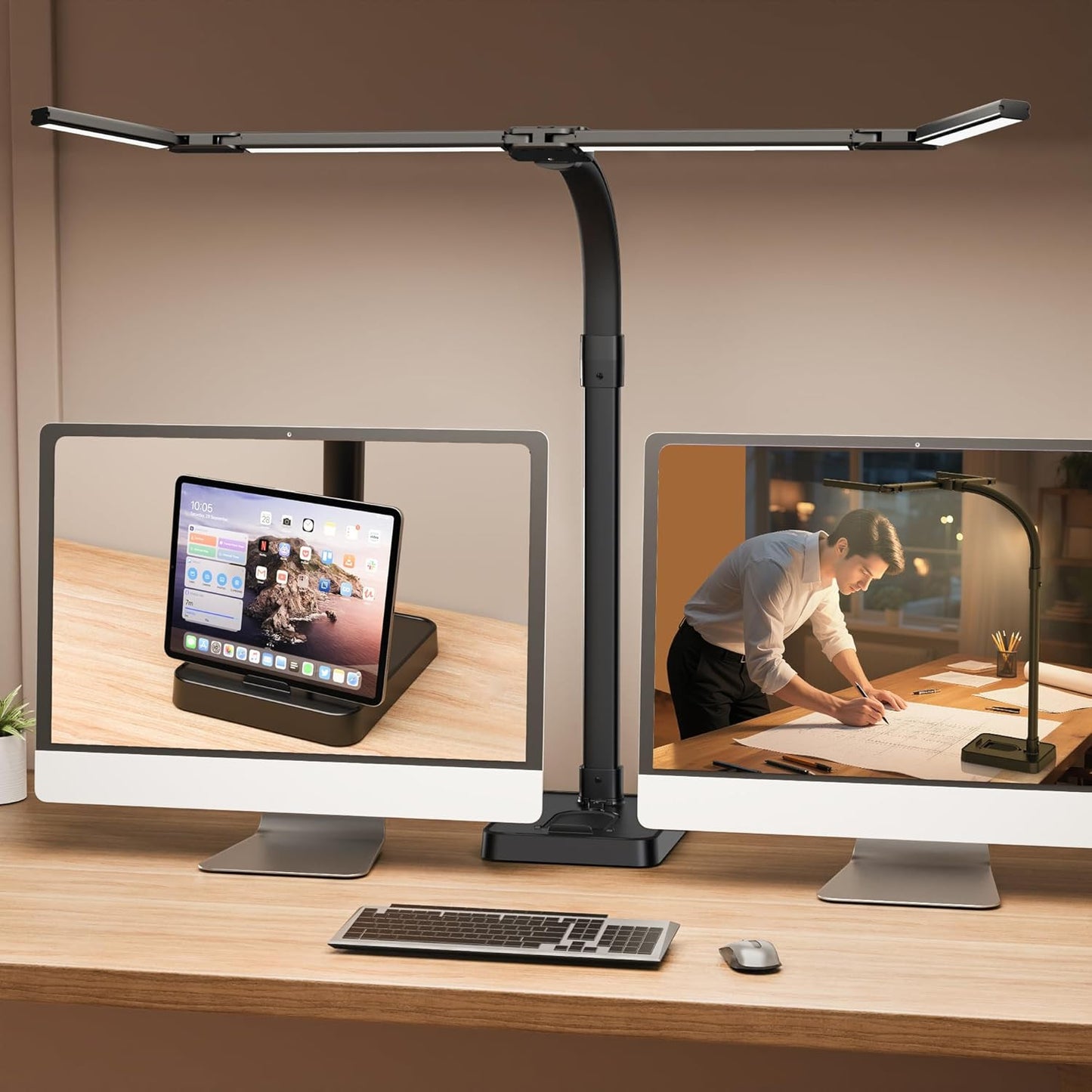 LED Desk Lamp for Home Office - 24W Bright Double Head Desk Light with Clamp Eye
