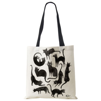 Tote Bags Black Cat Printed Linen Fabric Eco Handbag Shopping Reusable Shoulder