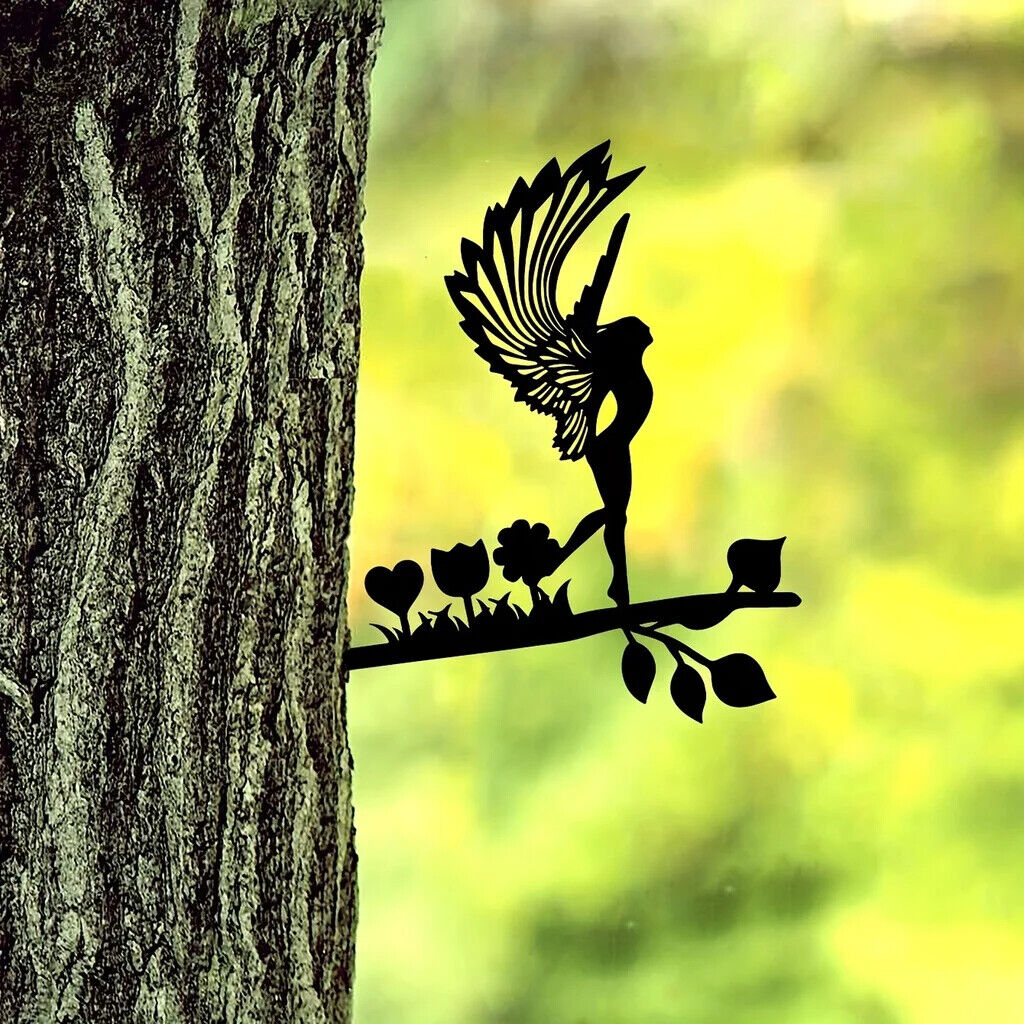 Elf On Branch Steel Silhouette Garden Yard Patio Outdoor Statue Stake