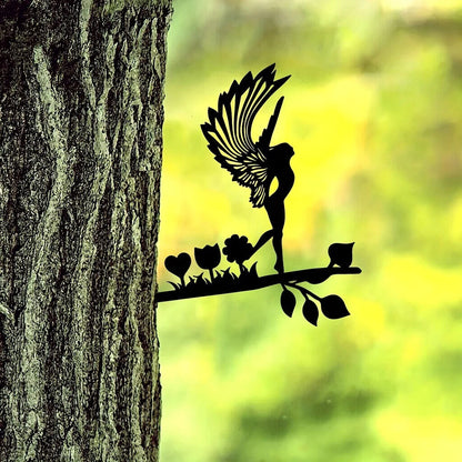 Elf On Branch Steel Silhouette Garden Yard Patio Outdoor Statue Stake