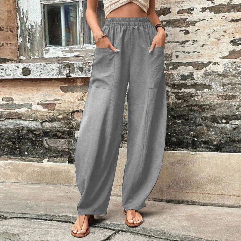 Women Summer Ice Silk Pocket Wide Leg Baggy Pants Elastic High Waist Trousers