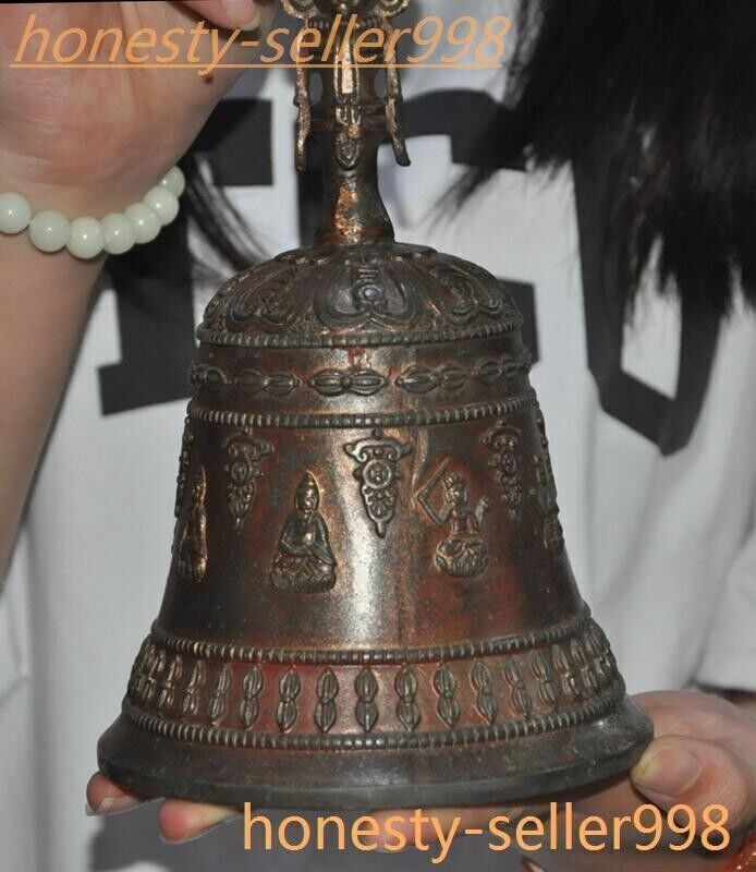 10"Ancient Tibet Temple Bronze Gilt Tara Statue Exorcism Bell Chung Chimes Clock