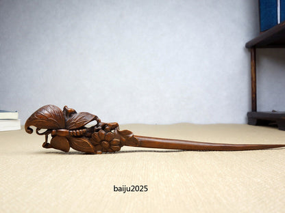 Chinese Antique Boxwood Wooden Carved Butterfly Statue Hairpin Hair Accessories