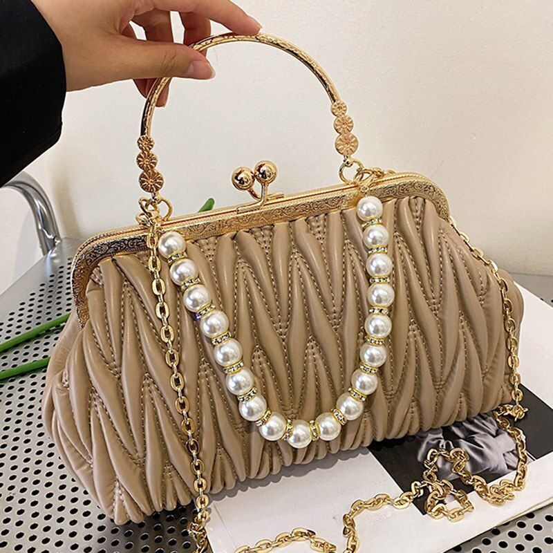 Orange Green Shoulder Bag Clutch Pearl Chain Bags Tote Synthetic Leather Handbag