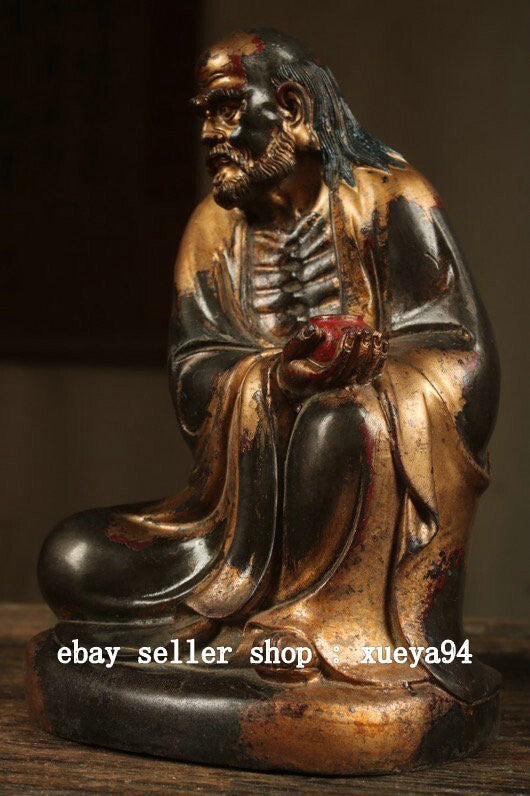 8.6" Old Chinese Dynasty Bronze Gilt Arhat Damo Bodhidharma Dharma Buddha Statue