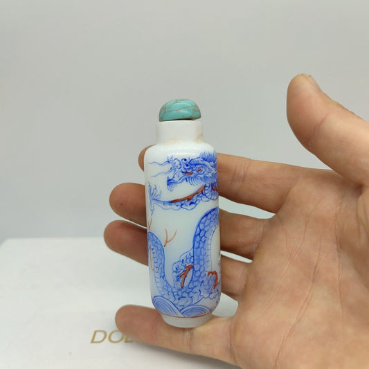 chinese peking glass snuff bottle hand painted blue dragon statue snuffbox gift