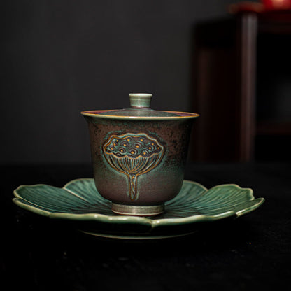 Chinese Style Coarse Pottery Covered Bowl Ceramic Retro Kung Fu Tea Set Tea Cup