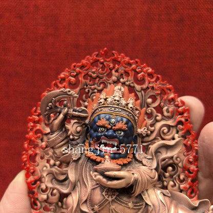 10CM Copper Statue Blessing Black Robe Two Arms Mahakala Protector Buddha
