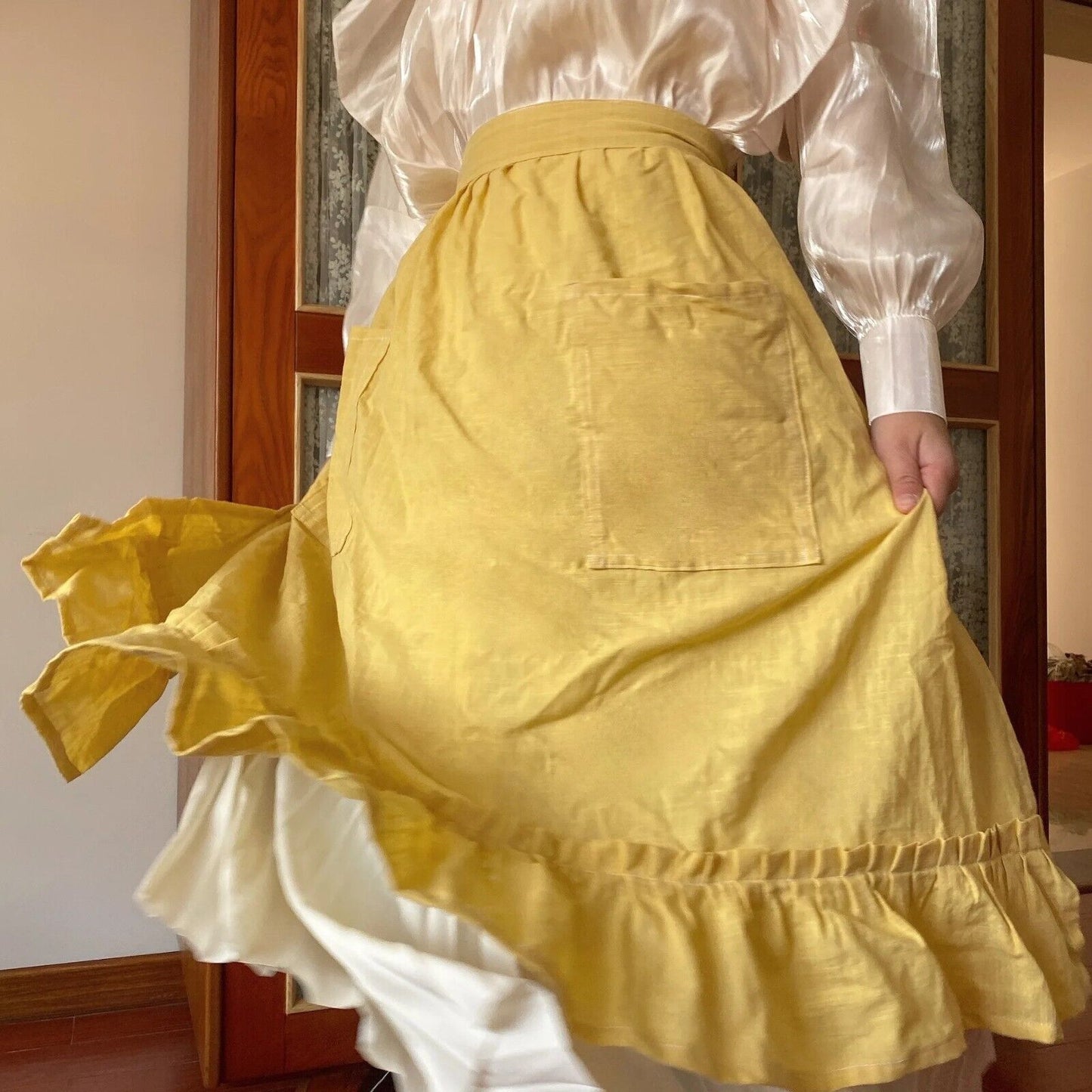 Half Length Apron Solid Color Bamboo Joint Cotton Cleaning Waist Skirt Han Style