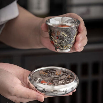 Chinese Tea Set Dragon Design Pure Silver + Porcelain Gaiwan Pitcher Tea Cup Mat