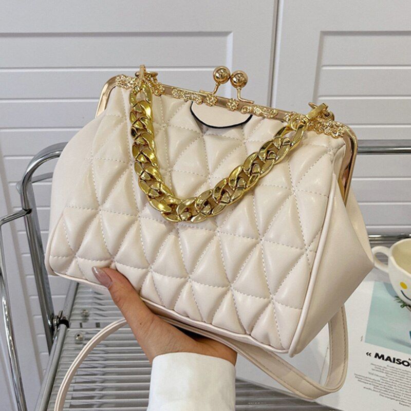 Shoulder Bag Beige Blue Messenger Thick Chain Sling Bag Synthetic Leather Clutch