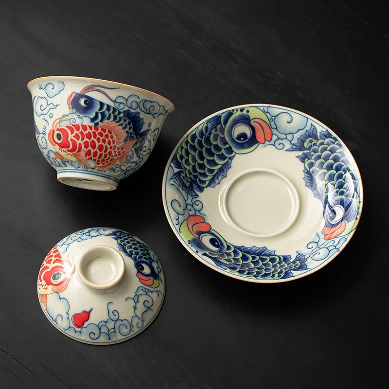 Traditional Chinese Style Koi Fish Gaiwan 120ml Three-Piece Tea Bowl