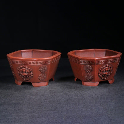 Chinese Yixing Zisha Clay Handmade Exquisiteflowerpot (a pair) （花盆（一对） 底款：铁画轩）