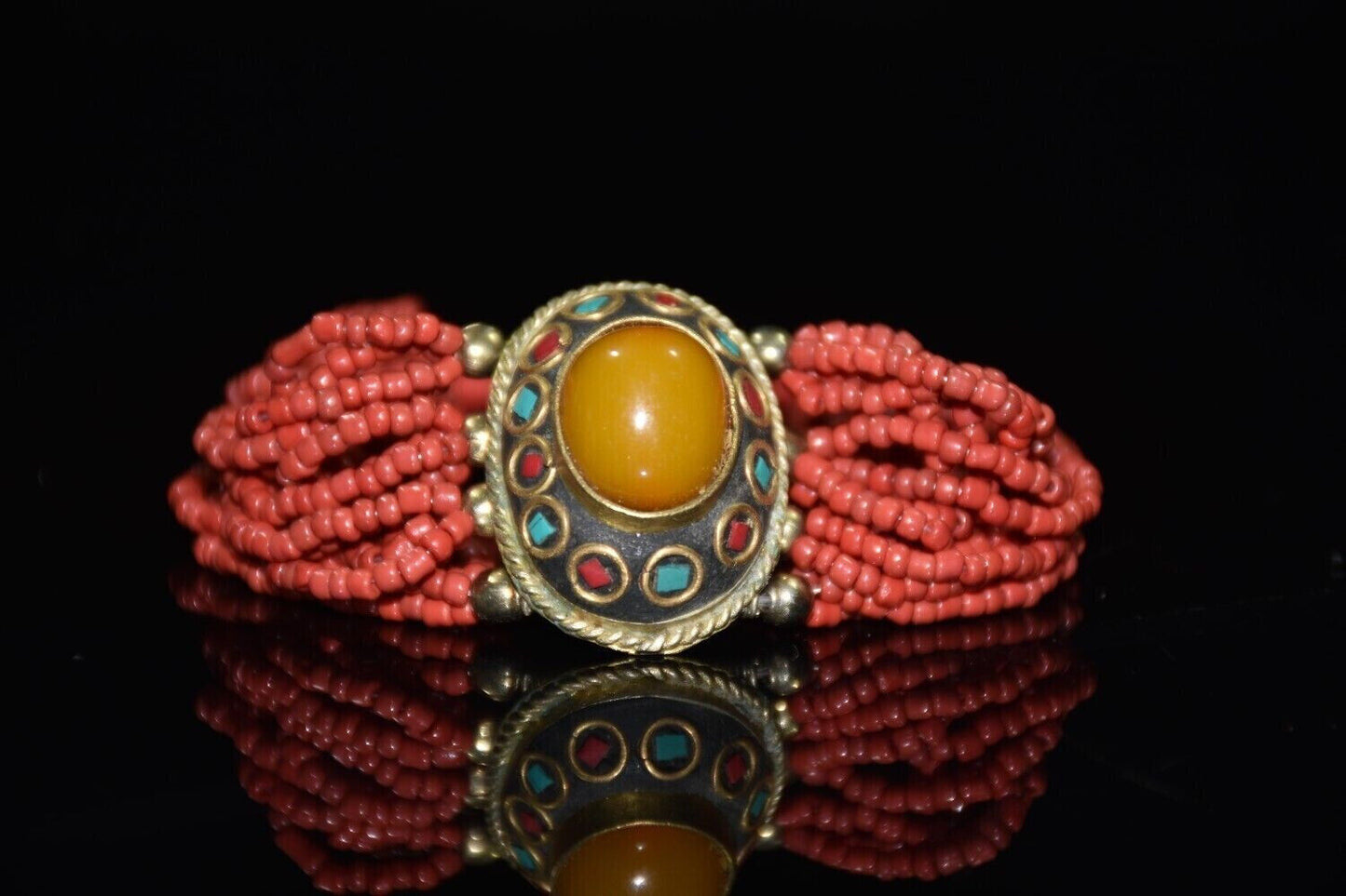 Tibet white copper inlaid gemstone honey wax imitation red treasure bracelet