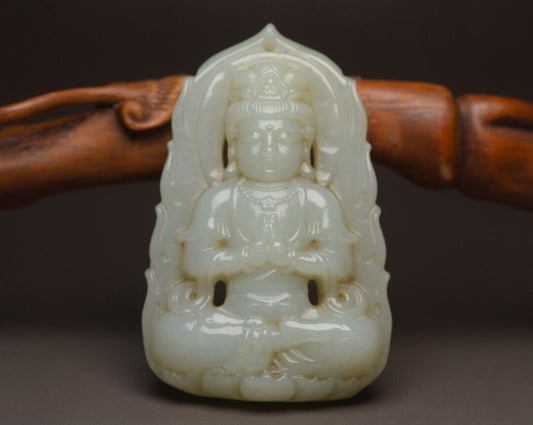 Chinese Beautiful Natural Hetian Jade Carving Kuan Yin Statue White Jade Pendant