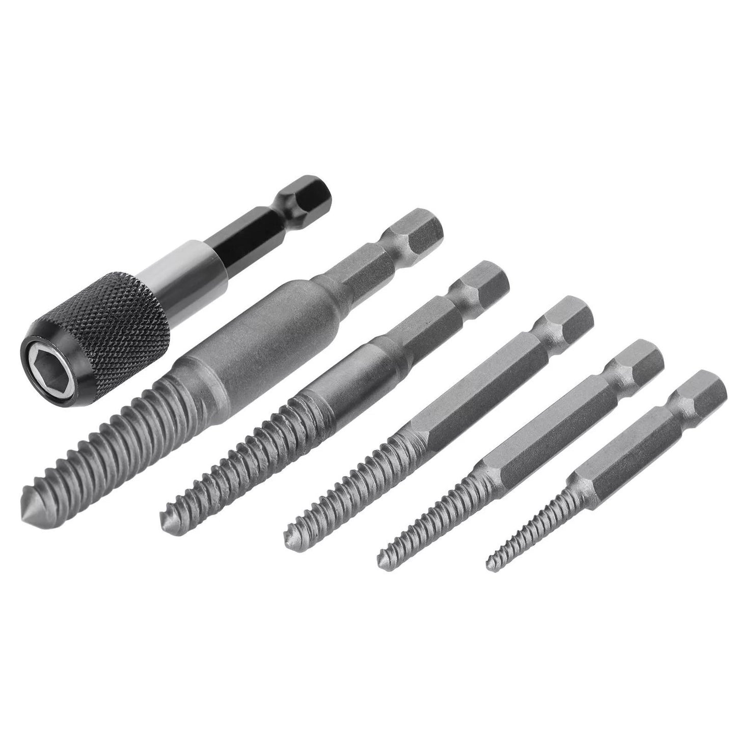 Woodworking hex shank headless screw extractor kit includes 5 different-size