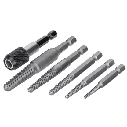 Woodworking hex shank headless screw extractor kit includes 5 different-size
