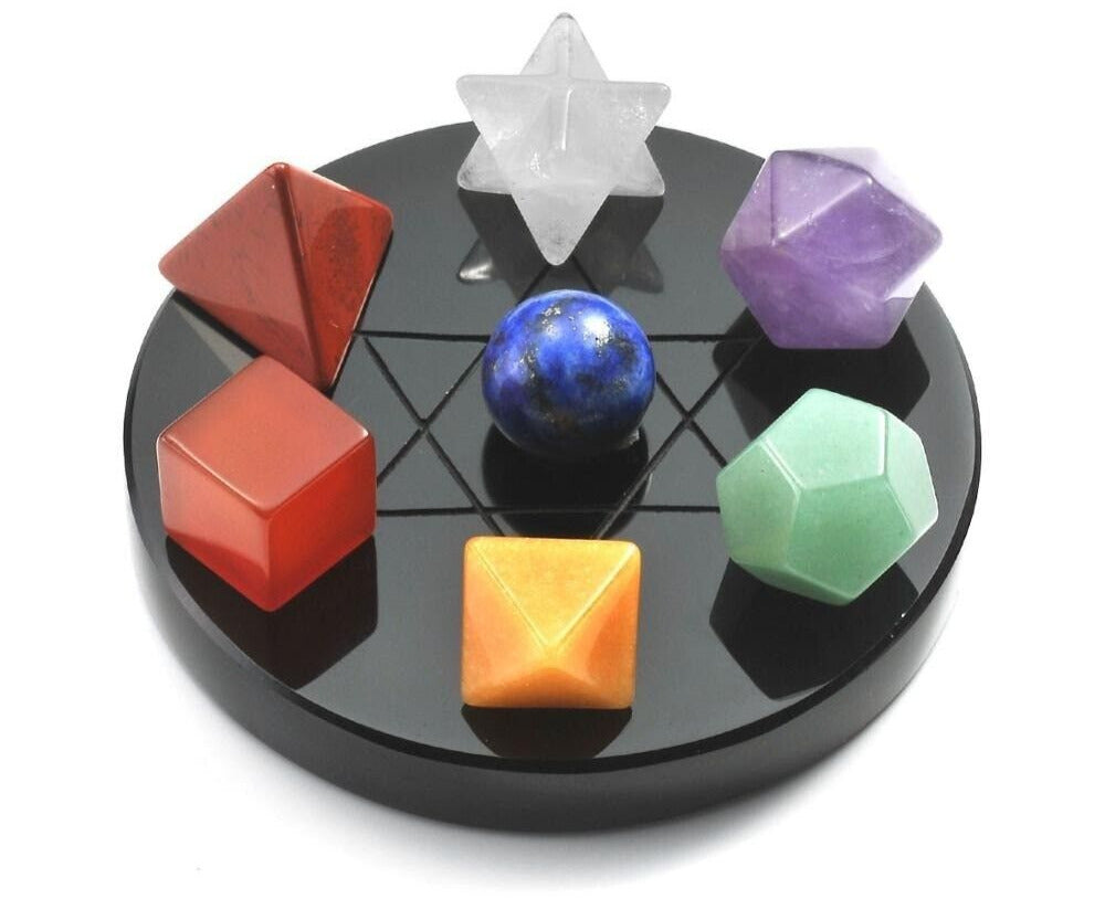 7 Chakra Crystals Platonic Energy Gemstones Reiki Healing W/ Black Obsidian Base