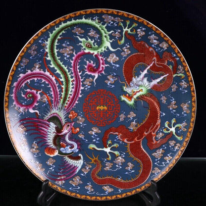 Old Chinese powder color porcelain Dragon phoenix plate Qianlong Mark