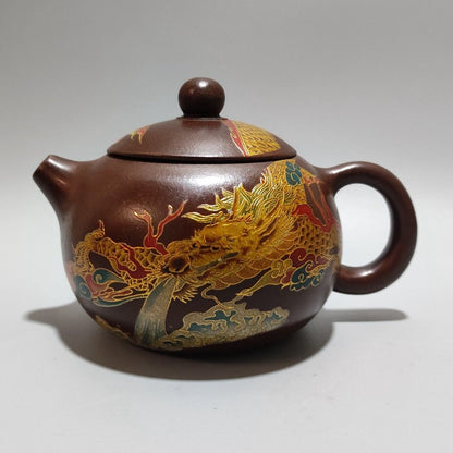 Vintage Chinese Yixing Purple Clay Teapot Zisha Ceramic Painted Dragon Teaware
