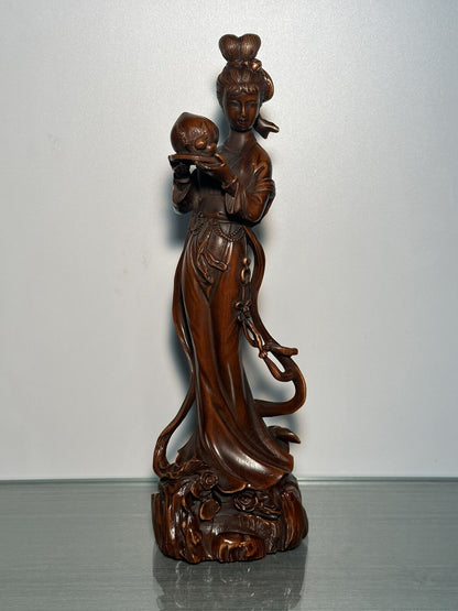 Old Chinese Boxwood Carving Pretty Woman Statue Woodwork Sculptures Collection