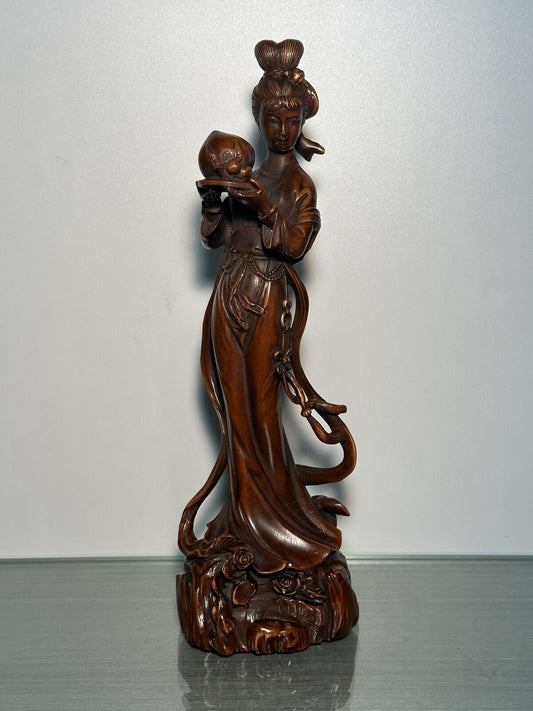 Old Chinese Boxwood Carving Pretty Woman Statue Woodwork Sculptures Collection