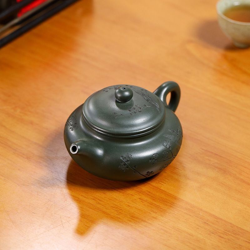 Yixing Zisha Teapot Handmade Green Clay Plum Antique Tea Pot 320ml Kung Fu Tea