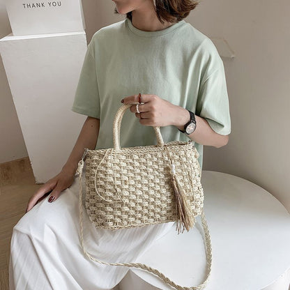 Summer Straw Shoulder Bag Pearl Tassel Weaving Vintage Large Handbag Shopper Bag
