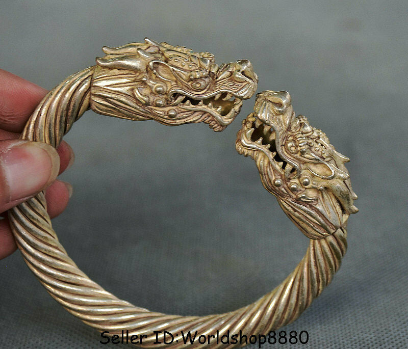 3.8" Collect Old Chinese Silver Dynasty Palace Double Dragon bracelet bangle