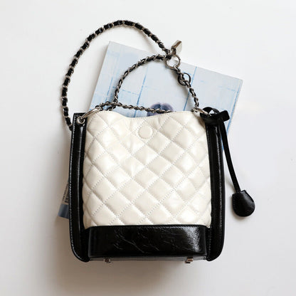 Small Quilted Real Leather Bucket Shoulder Bag Tote Purse Handbag Fashion Chains
