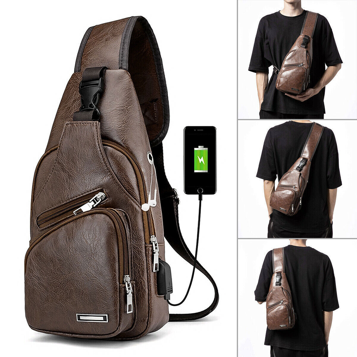 Men Leather Sling Bag Chest Shoulder Crossbody Backpack USB Charging Port Travel