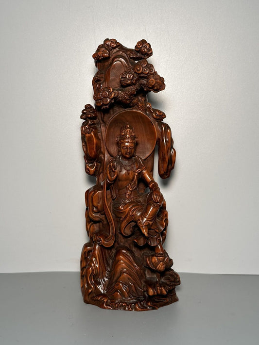 Vintage Wooden Sculpture Buddha Decor Art Chinese Boxwood Carved Kwan Yin Statue