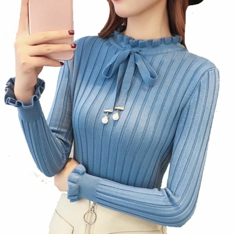Women Sweater Knitted Long Sleeve Knitwear Elastic Basic Korean Style Pullover