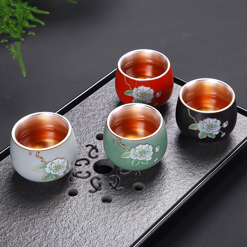 70ml Porcelain Glaze Silver Tea Cup Floral Painted Glaze Under Cups Tea Set