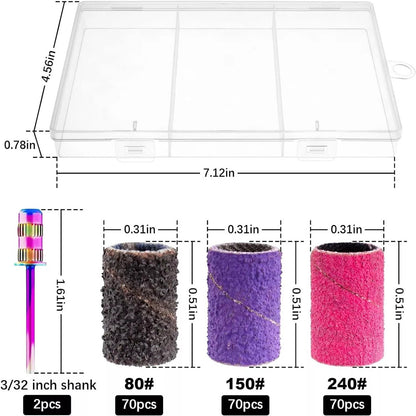210Pcs Nail Sanding Bands Set For Manicure Pedicure Drill Bit #80/#150/#240 Grit
