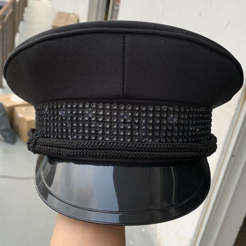 Unisex Army Captain Hat Rhinestone Fancy Dress Cap Police Military Costume Black