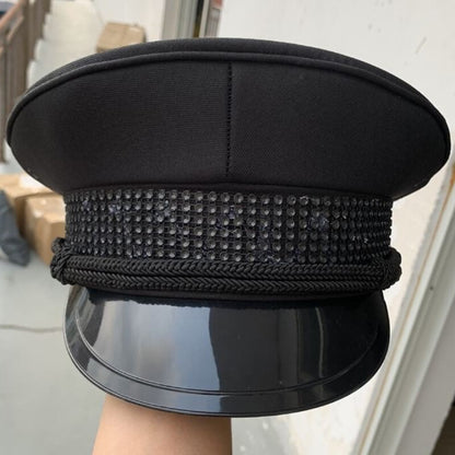 Unisex Army Captain Hat Rhinestone Fancy Dress Cap Police Military Costume Black