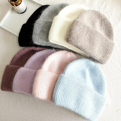 Winter Angora Solid Warm Woolen Knitted Hat Fashion Beanie Outdoor Sport Thick