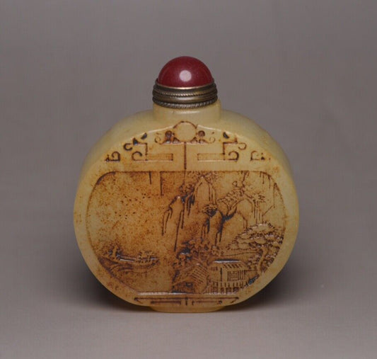 Chinese Antique Hotan Jade Carving Landscape Statue Snuff Bottle Collection Rare