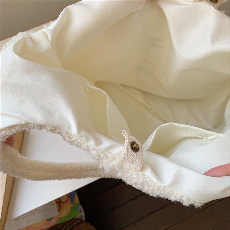 Women Soft Plush Tote Simple Warm Cloth Shopper Bags Handbag Shoulder Bag Purses