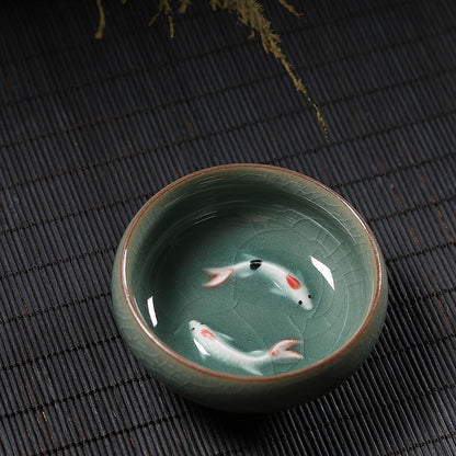 1 pcs Celadon Crackle Glaze Tea Cup | Hand-Painted Koi Fish Ceramic Teacup 60ml