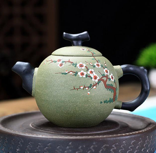 6" Yixing Zisha Pottery Bean Green Clay Handmade Plum Blossom Teapot Tea Pot