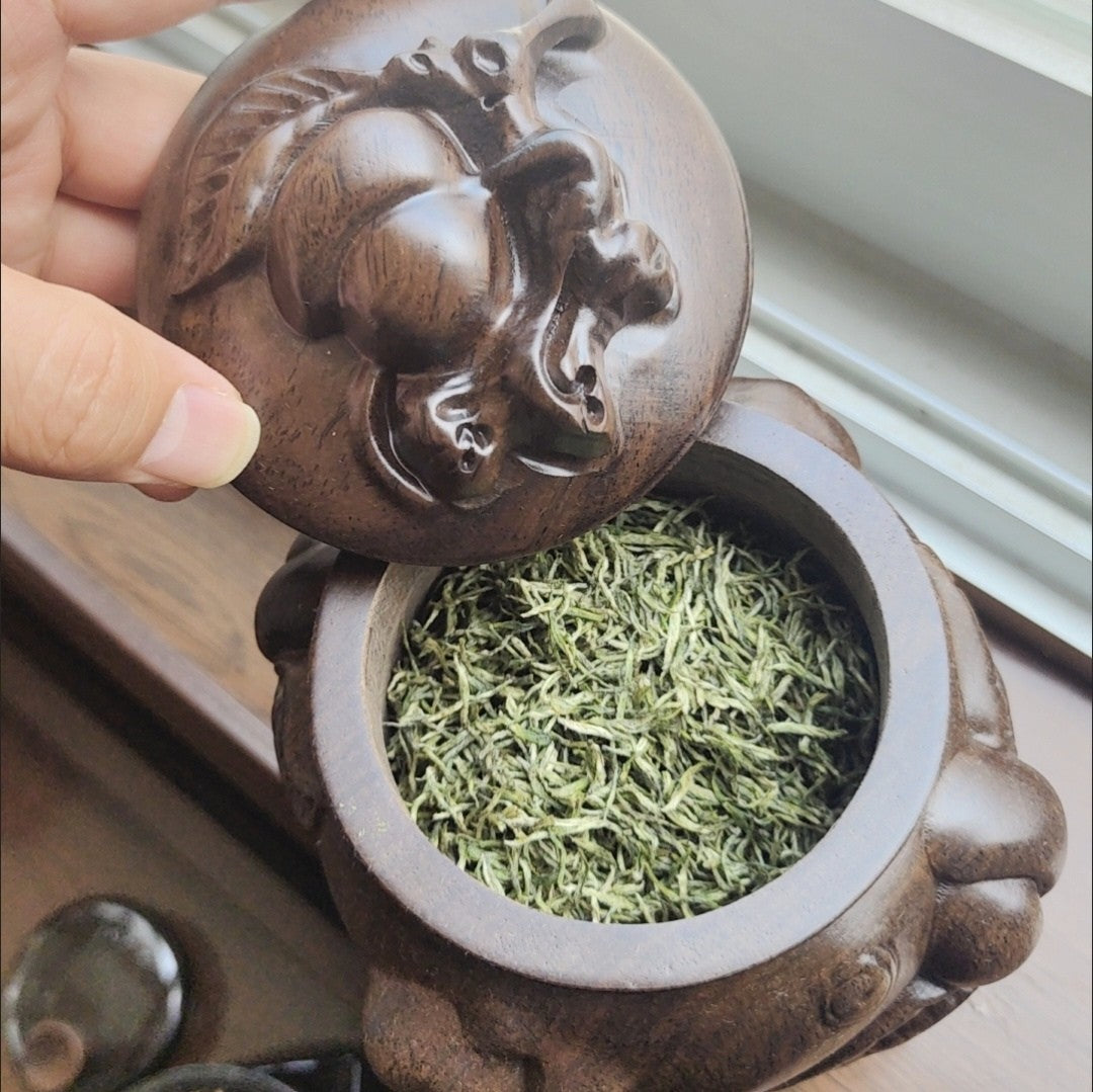 Ebony Wood Tea Caddy Carved Ganoderma Peach Relief Vintage Chinese Jar