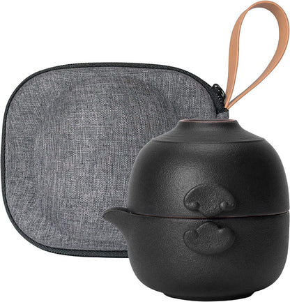 Chinese Kungfu Tea Set with 1 Teapot and 1 cup for One Small Black Ceramic