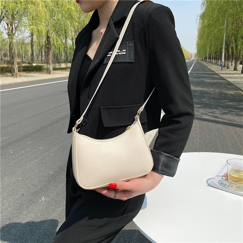 Fashion Handbag Retro Solid Color Leather Shoulder Underarm Bag Casual Handbags