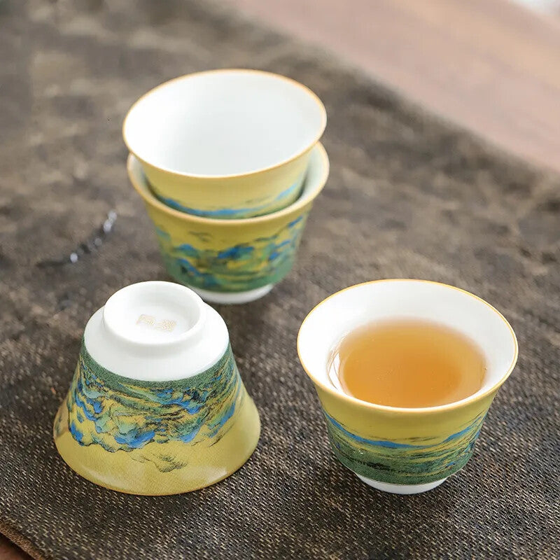 Chinese Handmade Ceramic Teacup Landscape Painting Pattern Tea Bowl Portable